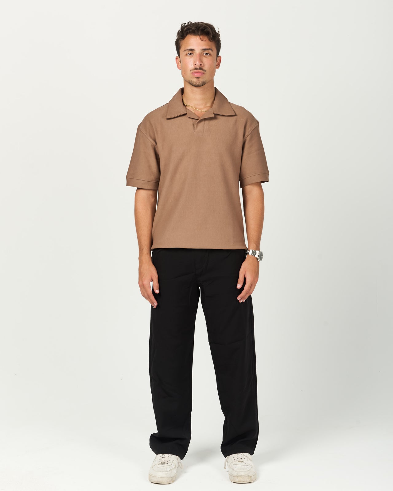 Brown Ribbed Polo Tee